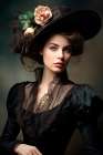 1890s female fashion model in hat and black lace. AI Generated. Art Print